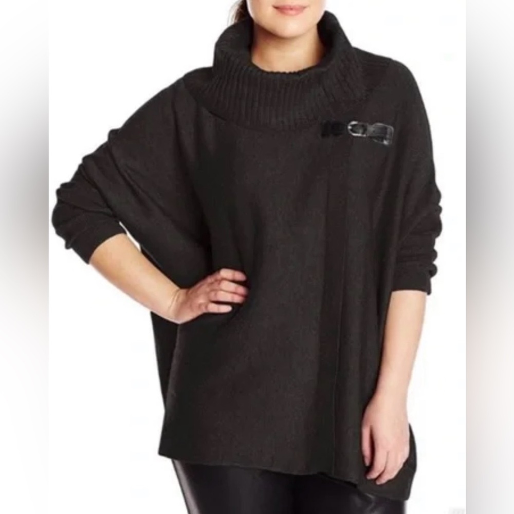 Calvin Klein Black Cowl Neck Poncho Sleeve Buckle Accent Sweater S/M